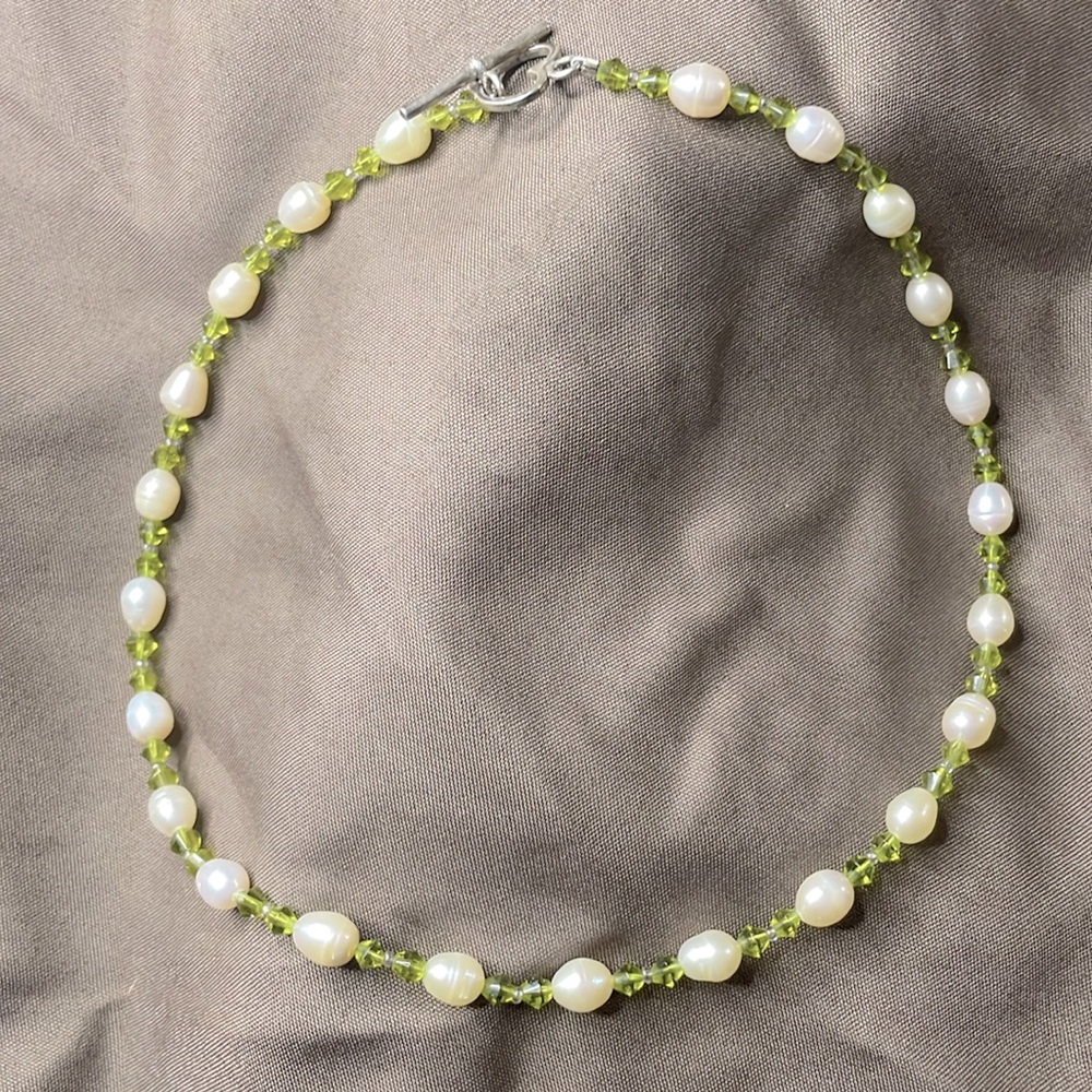 Hand Beaded Freshwater Pearl and Peridot Necklace